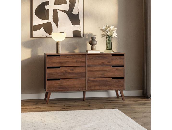 Kommode NOREL - Modernes Sideboard in Warmia Walnuss mit 6 Schubladen