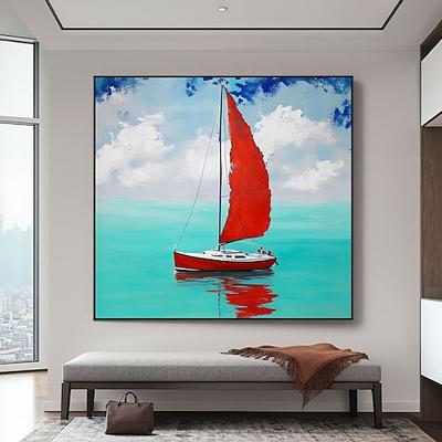 Ölgemälde, handgemalt, rotes Segelboot, Seestück, Kunstwerk für Freunde, männliches Ölgemälde, Seestück, impressionistisches Boot, Miniatur, Originalkunstwerk, Spiegelung