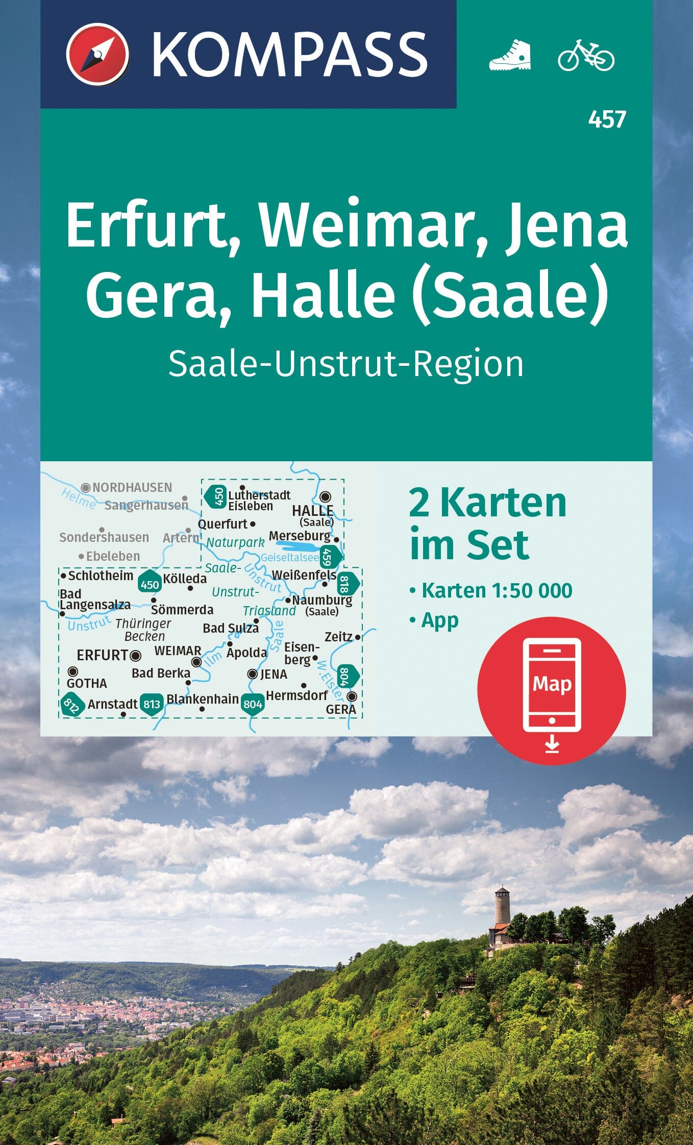 Carte de randonnée n° 457 - Erfurt, Weimar, Jena, Gera, Halle (Allemagne)   Kompass