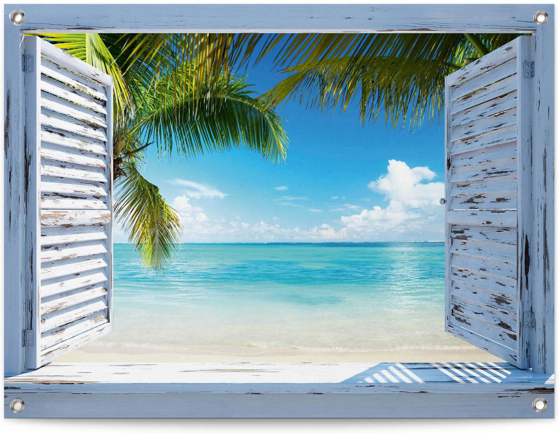 Reinders! Poster REINDERS "Strandfenster", blau (farbe bild(er): blau), B:80cm H:60cm T:0,1cm, Leinwand, Bilder, Poster, Outdoor für Garten oder Balkon