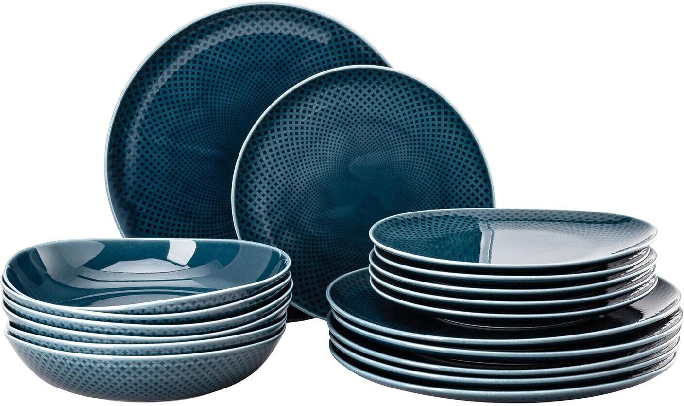Speiseteller ROSENTHAL "Tellersevice Junto Ocean Set 18-teilig", blau (ozeanblau), Porzellan, Speiseteller, Speiseteller ozeanblau Einheitsgröße
