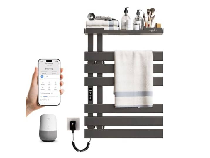 WRJAHCG Handtuchtrockner Elektrisch Smart WiFi,Elektro Handtuchheizkörper Mit Lagerregal,Badheizkörper Handtuchhalter Elektrisch Bad mit Thermostat,Für Alexa Und Assistant Und App,50×72cm,Grau