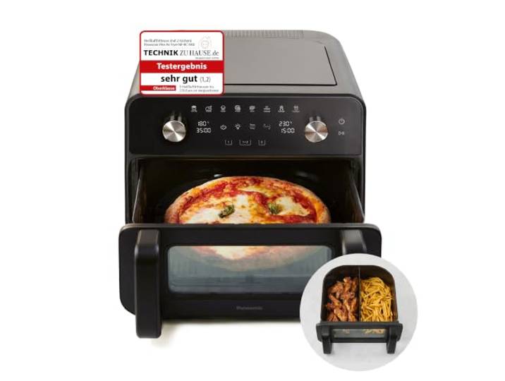 Panasonic NF-BC1000 Flex Air Fryer mit Sichtfenster, XL Flexibler Garkorb, Herausnehmbarer Trennsteg für 2 Garzonen, 9,6 Liter, 30–230 °C, Schondampf, 8 Voreinstellungen, leicht zu reinigen, Schwarz