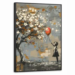 LEINWAND Bilder mit Rahmen - Baum - Graffiti - Banksy-Stil - Ballon-Mädchen - 60x80