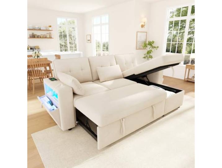 BTM L Form Ecksofa mit Schlaffunktion, LED & Armlehnenfach Beige Ottomane Stauraum, USB/Type‑C, Chenille Stoff