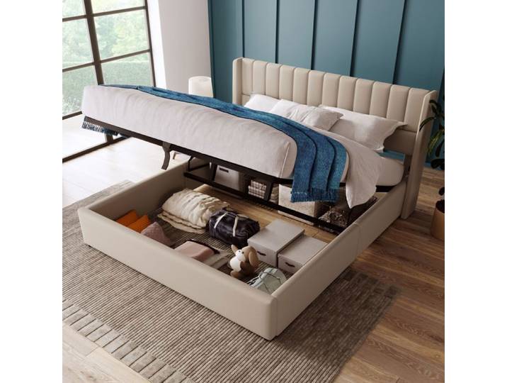 Lit Coffre - Becag - Lit Capitonné Double 160x200cm - Lit Adulte Rembourré avec Rangement Hydraulique - Lin Beige