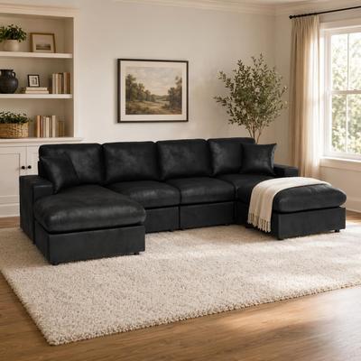 Modern Faux Leather Sectional Sofa with Cloud-Like Cushions & Two Ottomans by GDFStudio