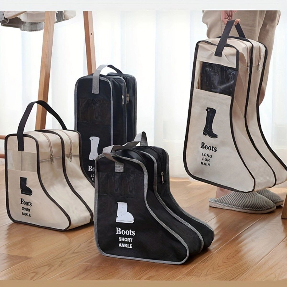INF Stiefel-Aufbewahrungstasche mit separaten Fächern, atmungsaktivem Vliesstoff und faltbarem, platzsparendem Design Schwarz