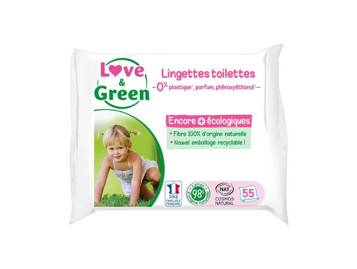 LOVE &amp; GREEN Lingettes toilettes écologiques - fibres 100% d'origine naturelle - 55 lingettes