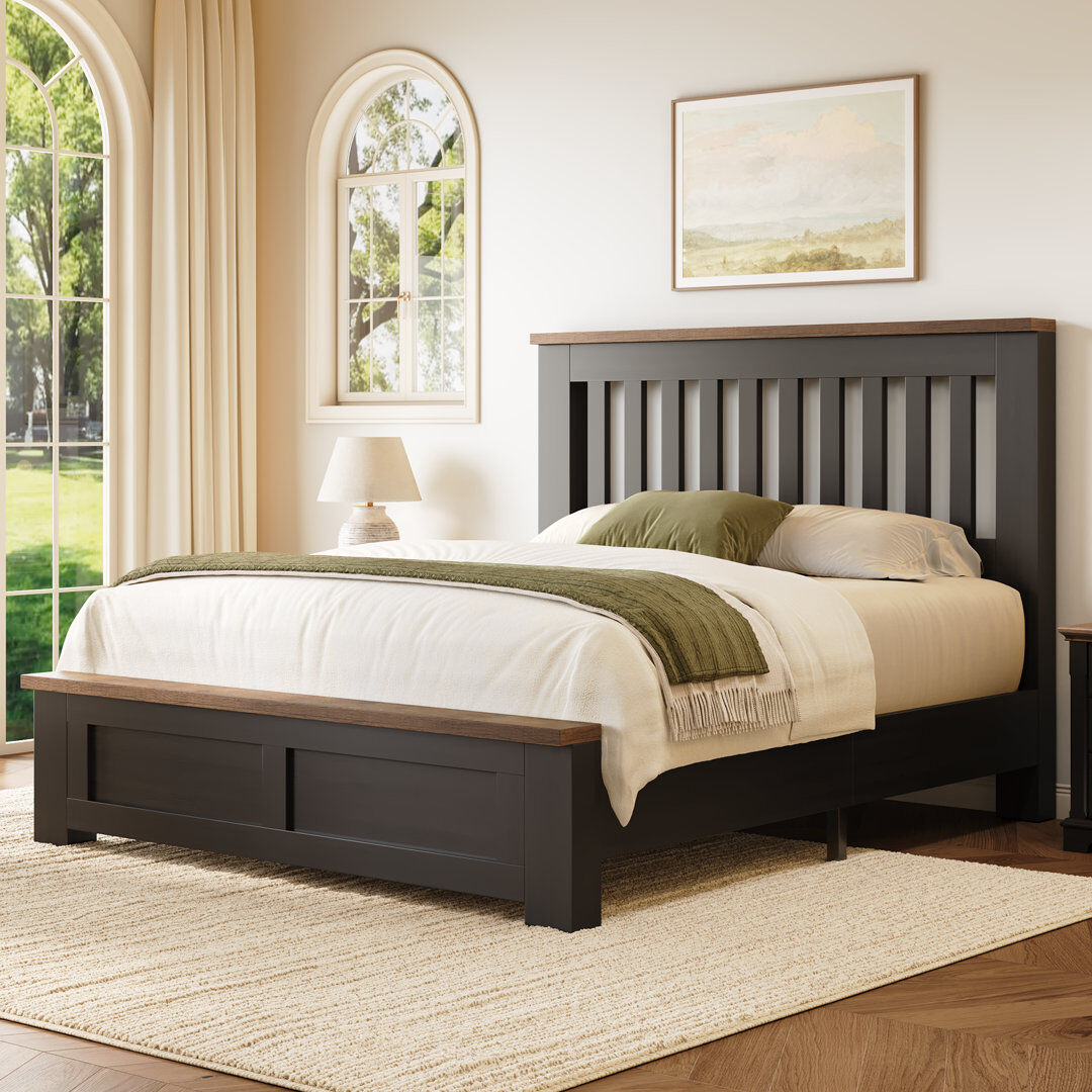 Brambly Cottage Farmhouse Wooden Panel Bed with Slatted Headboard Black Double(4.6')