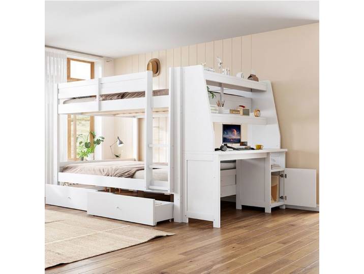 MEUBLIV Lit superposé multifonction 140 x 200 cm bureau intégré rangements latéraux blanc