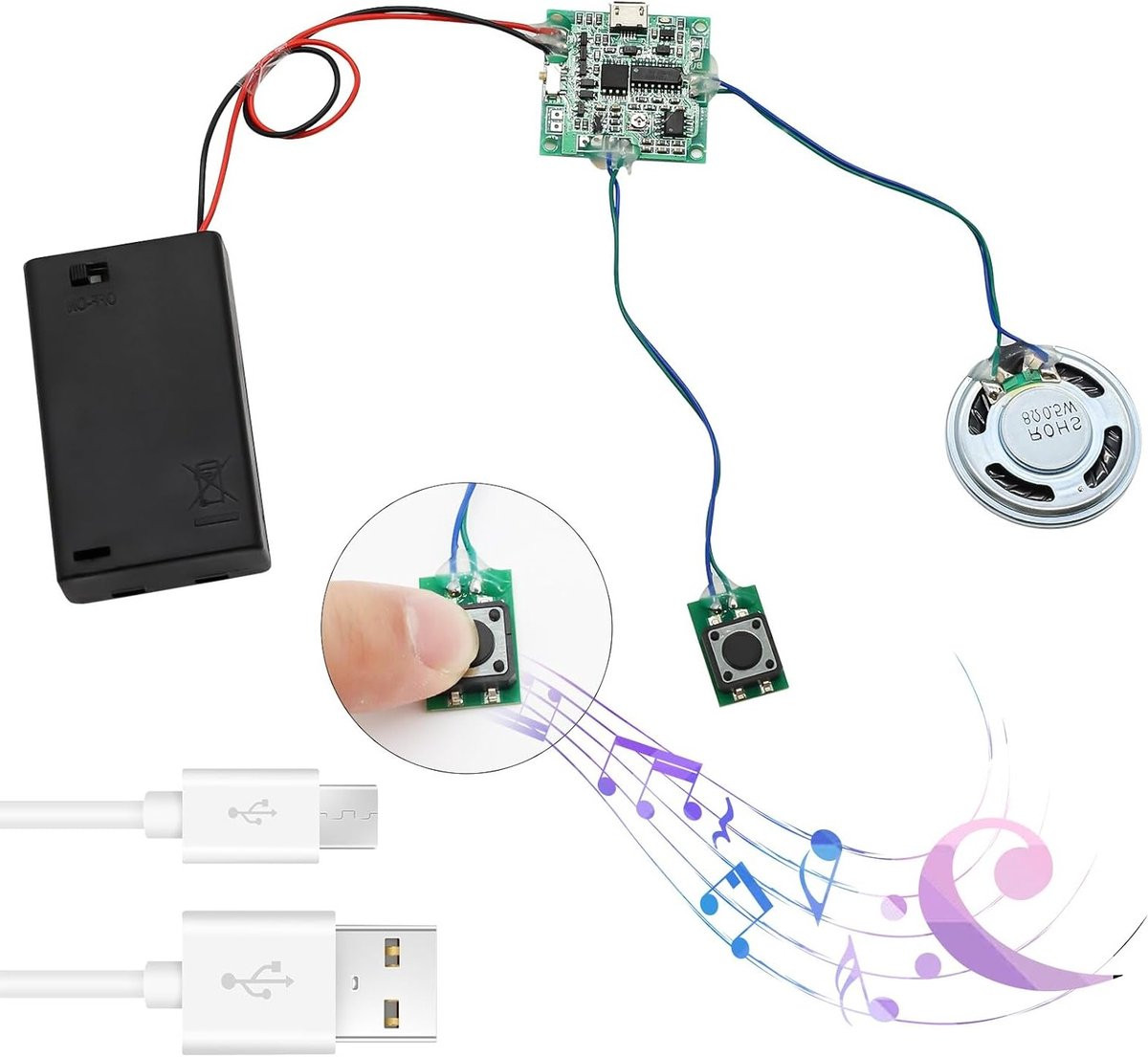 Programmeerbare MP3-geluidsmodule met 8 MB opslag, USB-downloadbaar, inclusief AA-batterijbox en USB-kabel voor audio-toepassingen