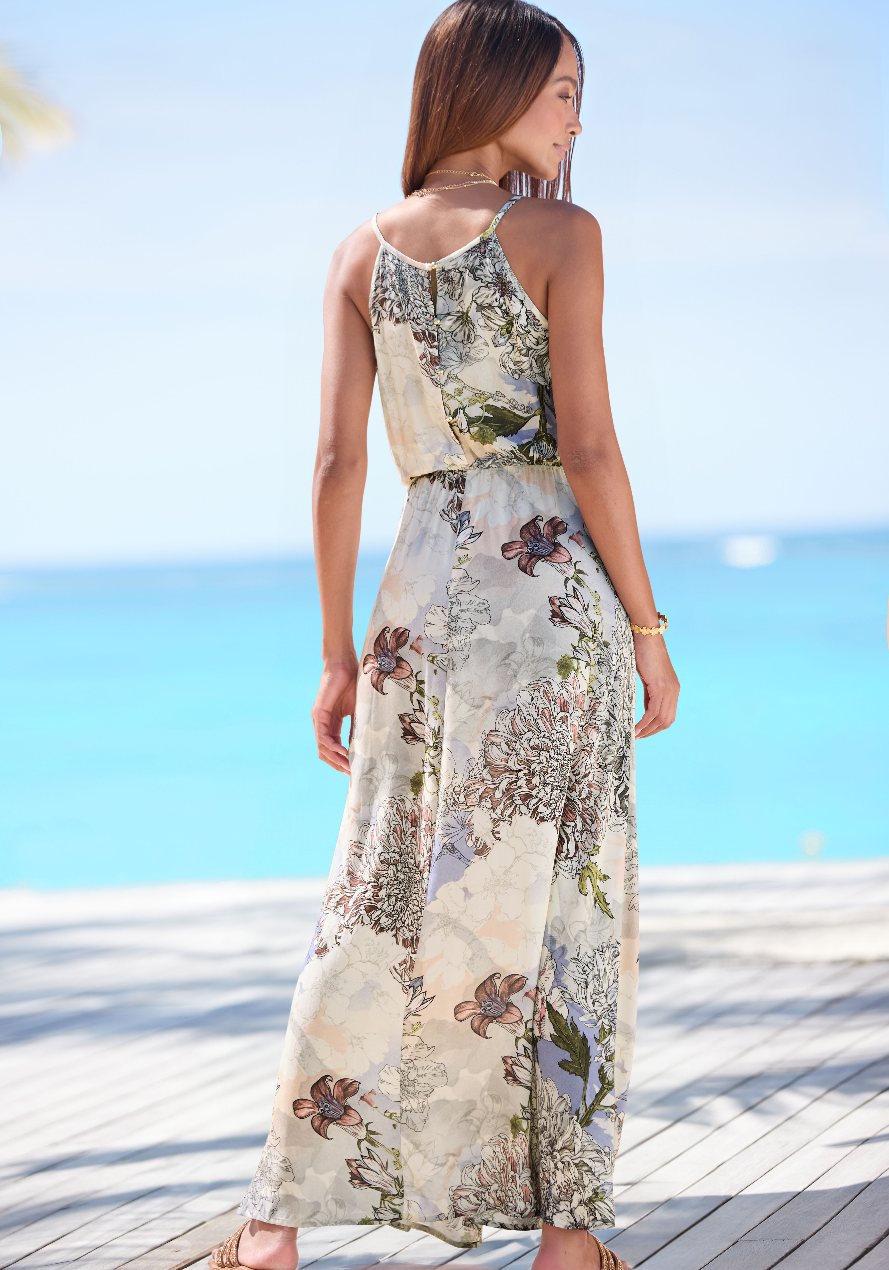 Maxikleid BUFFALO, Damen, Gr. 46, N-Gr, ohne Ärmel, Web, rosa (rosa, lila bedruckt), Web, Obermaterial: 100% Viskose, bedruckt, figurumspielend bodenlang, amerikanischer Ausschnitt, Kleider Maxikleid, mit Alloverprint, leichtes Sommerkleid, fliessendes St