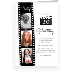 30. Geburtstag Einladung in Weiß mit eigenen Fotos gestalten im Design "Einladungskarte 30. Geburtstag: Filmstreifen - Geburtstag mit Fotos in Weiß" - Musterkarte - Karten einfach online bei...