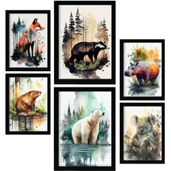 POSTER Set Mit 6 Unabhängige Kreaturen Illustrationen Von Tieren In Naturlandschaften A3 & A4 Rahmenlos