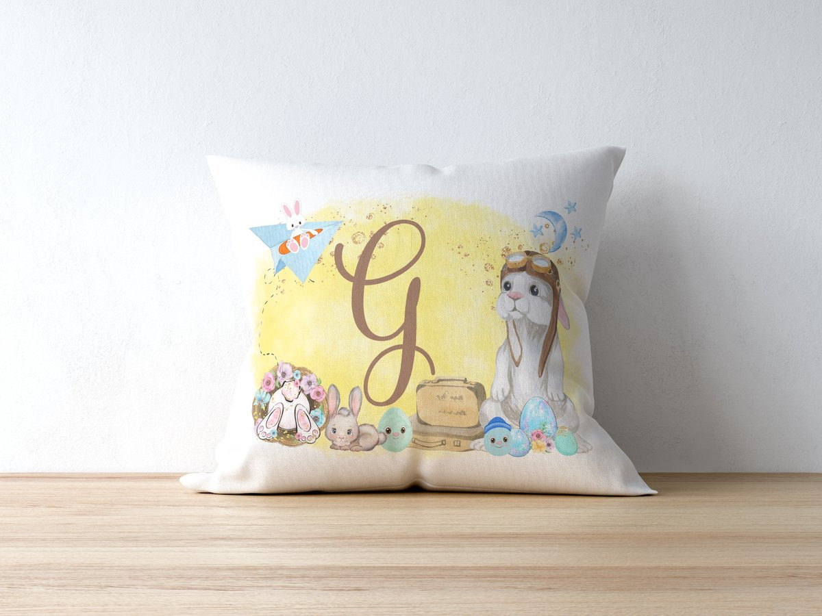 Sierkussen Monogram Letter G met Aquarel Piloot Konijntje voor Kinderkamer en Babykamer
