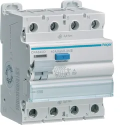 Hager CPA640D Fehlerstromschutzschalter 4 polig 10kA 40A 300mA Typ S selektiv