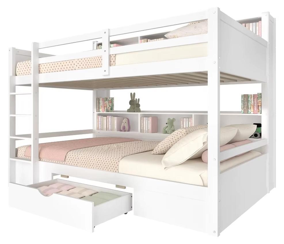 Multifunktionales Etagenbett - Einzelbetten - 90 x 200 cm - Kiefernholz - Schubladen und großer Stauraum - Weiß - Matratzen nicht enthalten