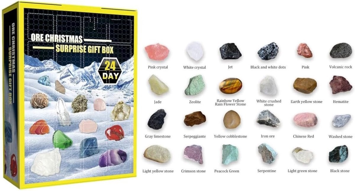 Adventskalender met 24 mineralen voor kinderen en volwassenen, kleurrijke kerstgeschenkdoos met mineralen