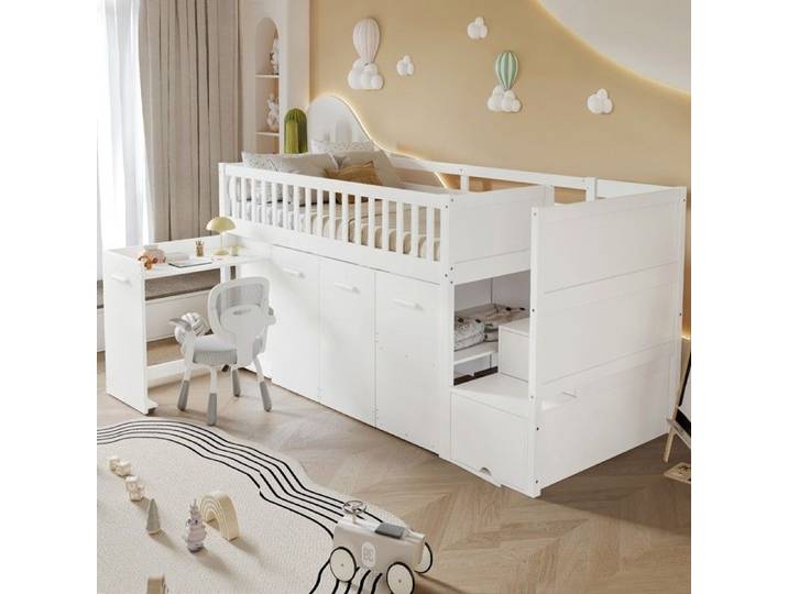 Lit superposé blanc avec bureau et rangements - Pin et MDF - Matelas 90x200 cm - Épaisseur de matelas recommandée 13 cm