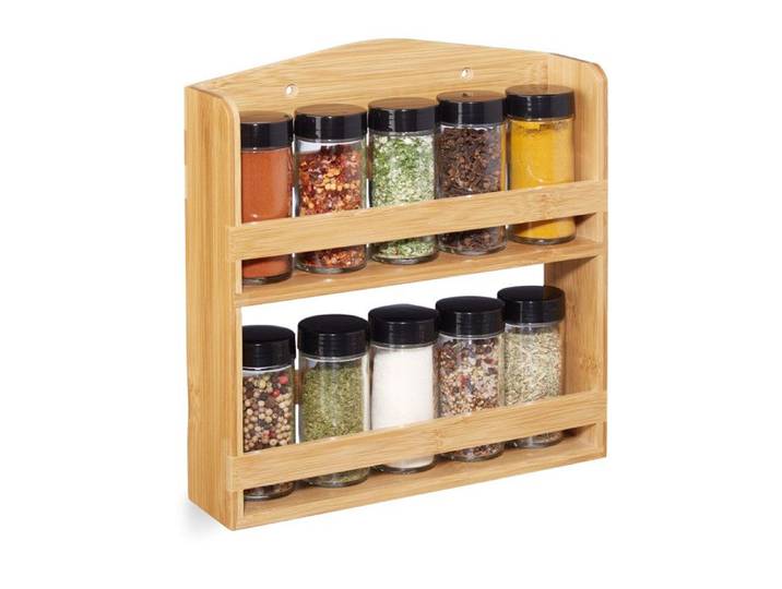 Relaxdays Étagère à épices bambou 10 pots verre Présentoir à épices organiseur mural rangement nature