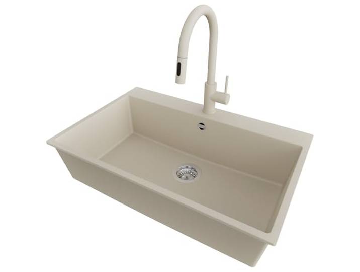 PRIMAGRAN Granitspüle ab 80er Unterschrank + Küchenarmatur, 78x50cm Set: Küchenarmatur BW9010 + Ablauf-Set (Siphon, Ablaufgarnitur, Überlauf) + Spülbecken 1 Becken - Riga, Beige