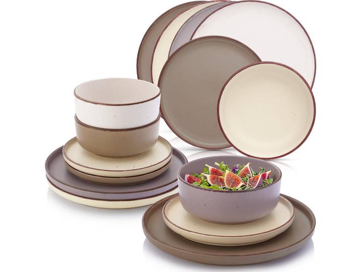 Sänger Tafelservice Bombay Erdfarben - 36 teilig aus Steingut 12 Personen, Mehrfarbig, Braun, 36-teilig, Rund, 50x30x80 cm, kratzfest, Geschirr, Geschirrsets, Tafelservice
