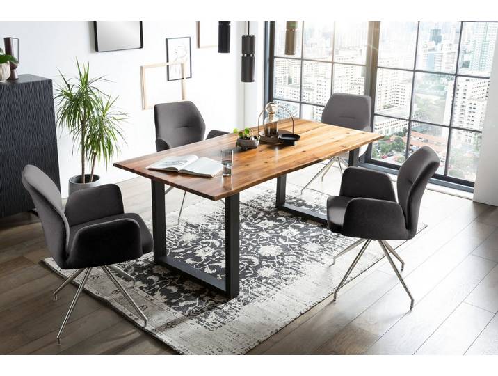 SalesFever Essgruppe Tischgruppe für gemütliche Familienabende, (Set, 5-tlg), Tischplatte mit echter Baumkante, Gestell aus rostfreiem Edelstahl
