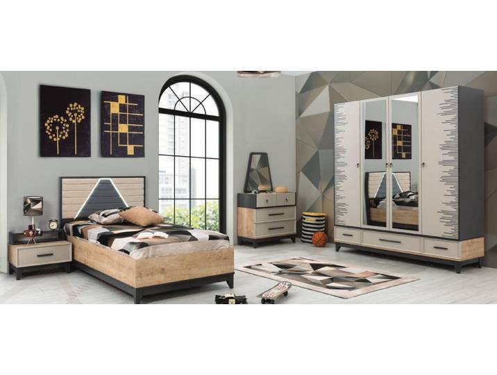 JVmoebel Jugendzimmer-Set Braunes Holz Jugendbett mit Schrank für modernes Kinderzimmer, (5-tlg., Kinderbett, Nachttisch, Kleiderschrank, Kommode + Spiegel), Made in Europa