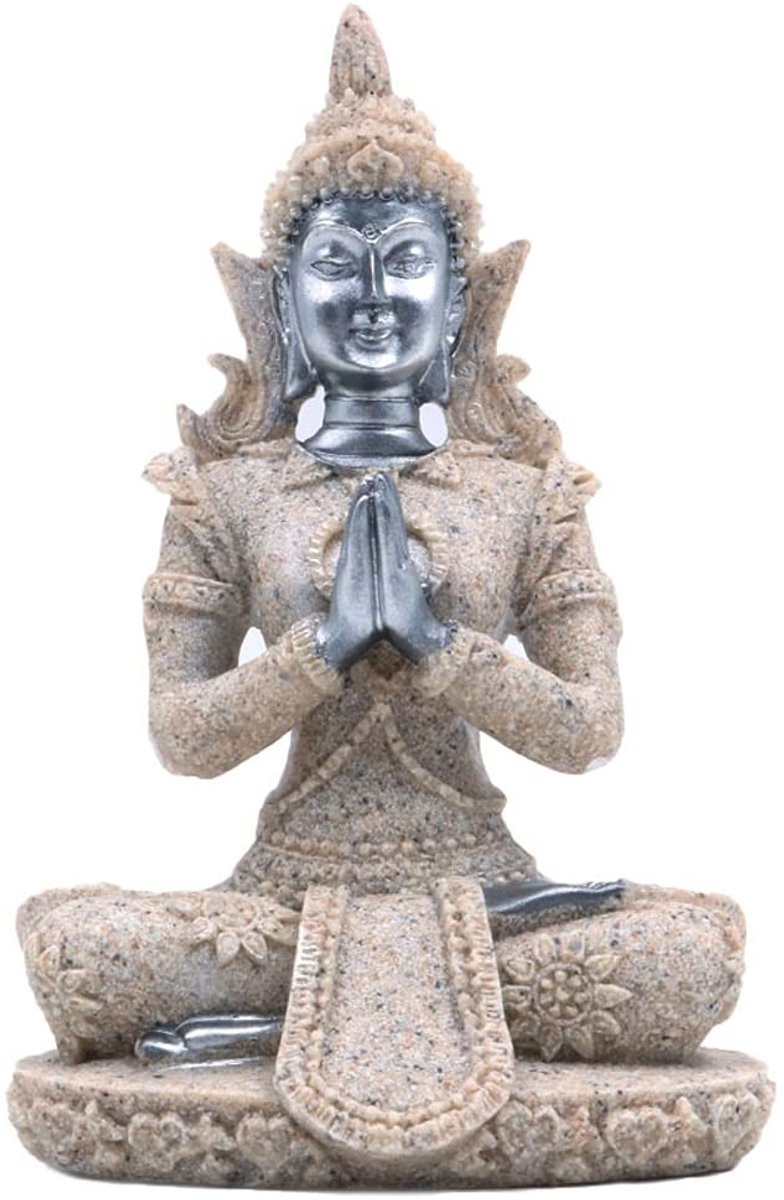 Dailygoods Dailygoody Meditatie Boeddha Standbeeld - Handgesneden Zandsteen Sculptuur - Zwart Goud