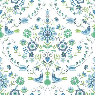A-Street Prints Britt Sapphire Embroidered Damask Wallpaper