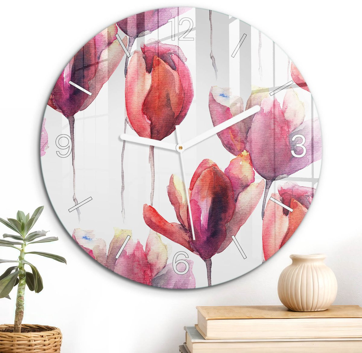 ArtPrintCave Rood Glazen Wandklok met Aquarel Bloemen - Rond - Diameter: 30 cm
