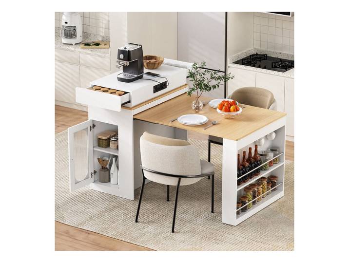 STILVORA Kücheninsel Kücheninsel mit ausziehbarer Esstisch Bartisch Sideboard Küchenschrank, (Servierwagen mit Rollen faltbarer Tischplatte), Steckdosenleisten und Haken für Küche und Esszimmer