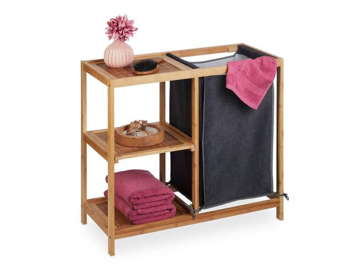 Relaxdays Wäschekorbregal Natur Grau Bambus 3 Ablagen 65 cm, Mehrfarbig, Holz, 30x50x29.5 cm, Haushalt & Reinigung, Wäschepflege, Wäschekörbe & Wäschetonnen