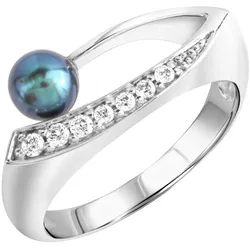 Zeeme Pearls Ring Silber 925 rhodiniert mit schwarzer Perle & Zirkonia weiß