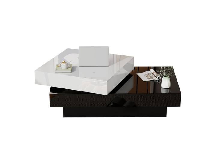 Flieks Couchtisch Drehbar Schwarz-Weiß Naht Hochglanz Doppelschicht Modern Schlicht, Holz, 67.95x13.34x112.4 cm, Wohnzimmer, Wohnzimmertische, Couchtische