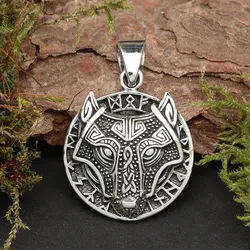 Drachensilber Fenris Wolf Anhänger mit Runen Schmuck 925 Silber Kettenanhänger - Silber