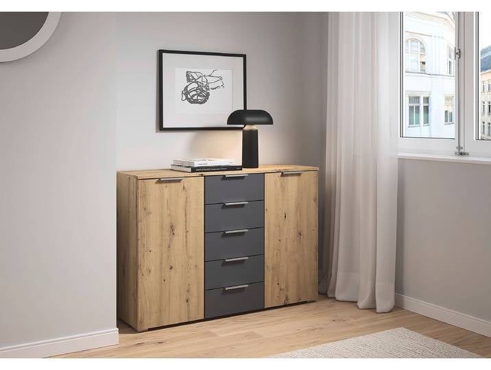 Commode Monza - 120 cm 120 x 84 x 40cm Bois/Gris/Gris métallisé/Imitation chêne Artisan