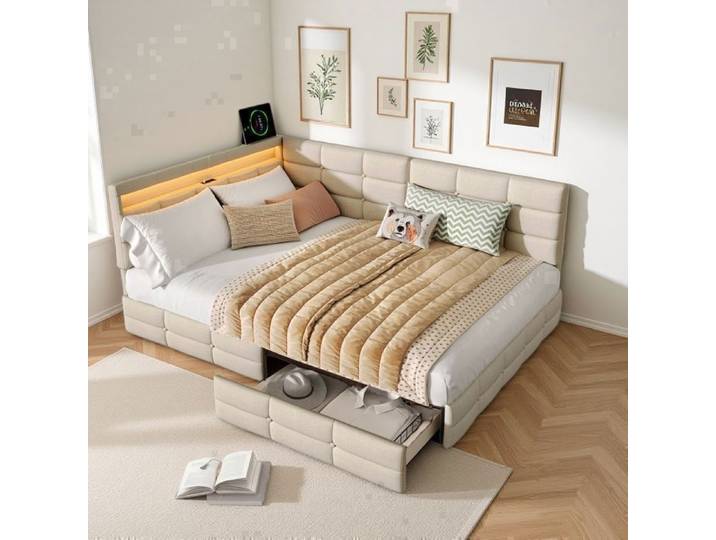 Lit 140x190 cm - RWUDV - LED - USB - tissu en lin - cadre de lit double 140x190 cm - lit coffre 140x190 cm- beige