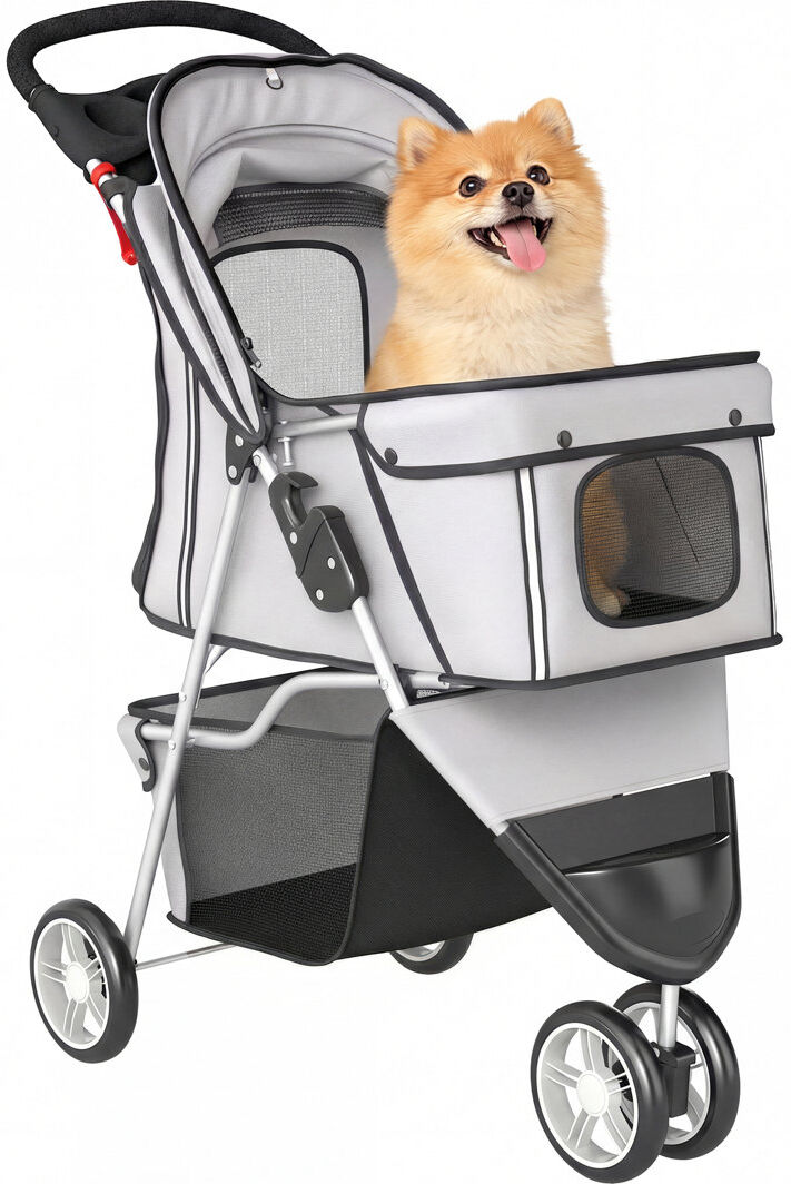 PawHut Pet Stroller Pushchair Carrier for Cat Puppy with 3 Wheels Grey 102cm H X 77cm W X 44cm D
