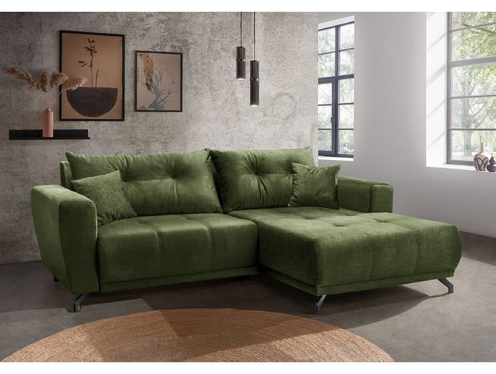 Ecksofa mit Sitztiefenverstellung Grün Samt Josita 246 x 80 x 177cm Longchair davorstehend rechts Modern