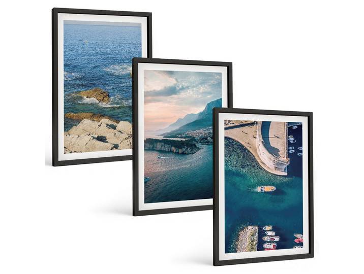 BILDER SET 3er Set - 40x60 cm Schwarzer Rahmen - Meerblick, Klippen, Häfen
