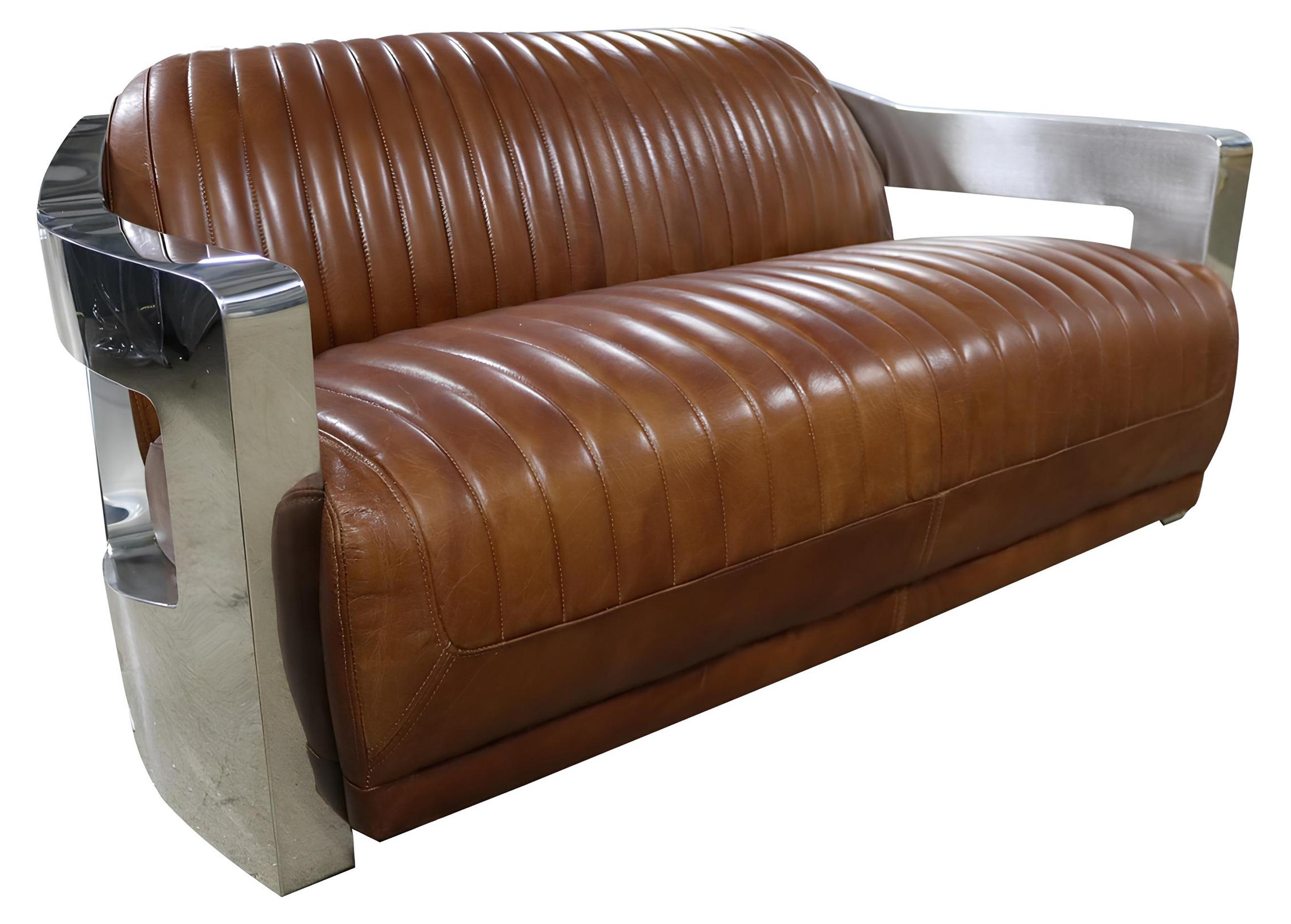 Sofa Vintage 2-Sitzer Ledersofa im Retro Stil Echtleder Aluminium Nieten Möbel