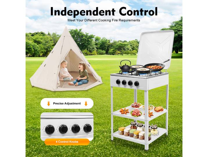 Cuisinière à gaz portative à 4 brûleurs, cuisinière d'extérieur avec couvercle bloquant le vent, cuisinière à gaz Ng/Lpg blanche avec 2 étagères de rangement 19,3x19,3x31,1 pouces