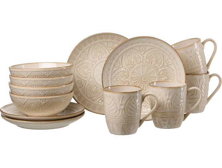 Frühstücks-Geschirrset RITZENHOFF & BREKER Omara , beige, 12 Stk., Steingut, Geschirr-Sets, Frühstücks-Geschirrset, Reaktivglasur, jedes Stück ein Unikat