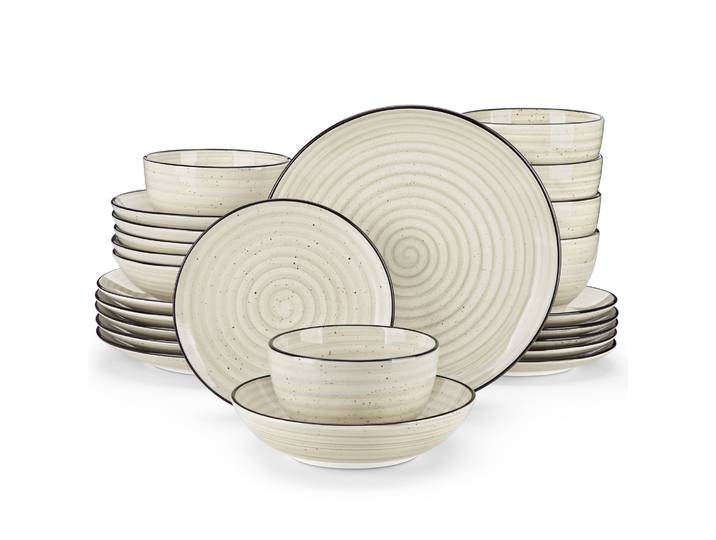 vancasso -Ensemble de vaisselle en céramique, ensemble d'assiettes beiges, spirale peinte à la main, 6 queues, dessert, soupe, bol, 24/48 pièces