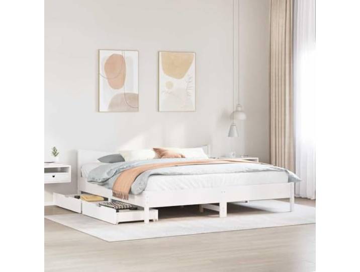 KTHLBRH Bettgestell weiß 180 x 200 cm mit 2 Schubladen Massives Kiefernholz, Lattenrost, 4 Rollen, Kapazität 180 kg