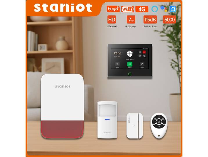Staniot système d'alarme 7 pouces écran tactile 4G intelligent 433Mhz WiFi alarme maison télécommande sans fil détecteur de fumée système de sécurité