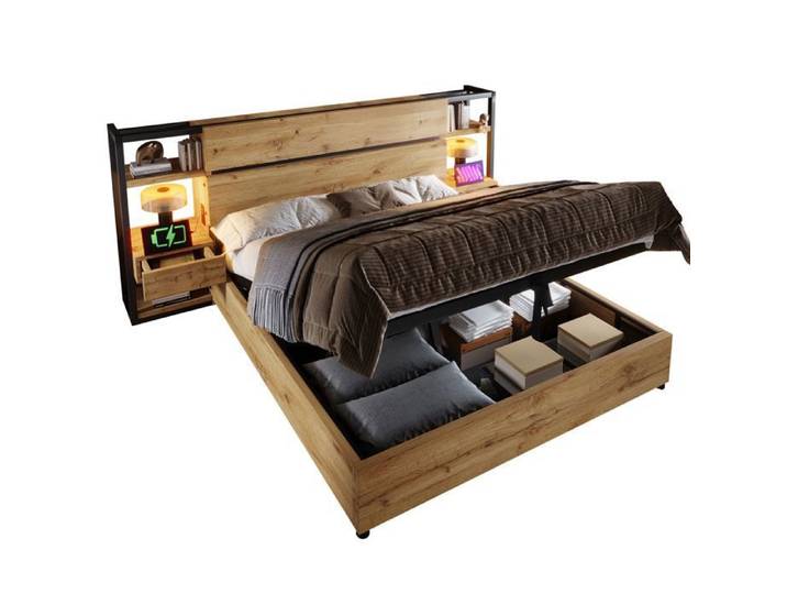 Lit en bois ZUONCEGLNG avec rangement hydraulique et recharge USB chêne 180 x 200 cm