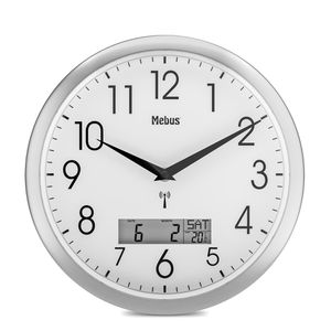 Mebus Wanduhr 19422, Kunststoff, analog, Funkuhr, Ø 30 cm, silber, mit Thermometer & Datumsanzeige